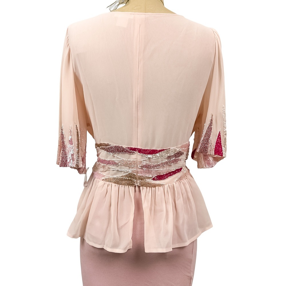 Y2K Glam Sequin Beaded Peplum Blouse V-Neck Flutter Sleeve Top Pink Coquette L - Picture 5 of 9
